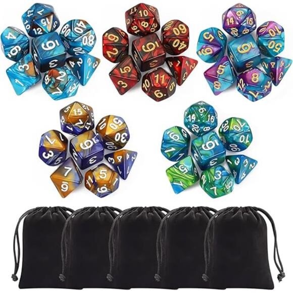 Polyhedral Dice Set (35 Pieces) with Black Pouches, 5 Complete Double-Colors - Picture 7 of 7